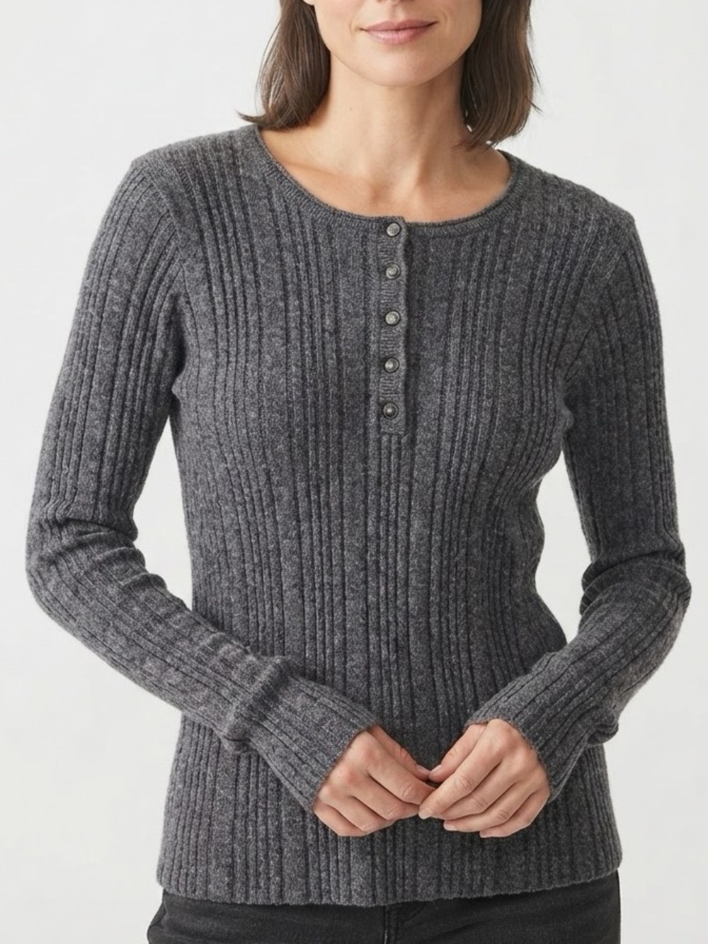 Sundance Gray Ribbed Knit Top Sweater XL Button Front Henley Silk Blend Cotton